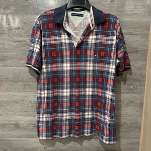 Vintage Tommy Hilfiger Plaid Polo Shirt Mens Large Red White Blue Collared